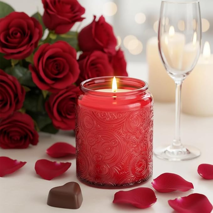 Art Secret 9-Pack 8oz Embossed Glass Candle Jars with Lids and Labels - Sun Moon Stars Design (Red)