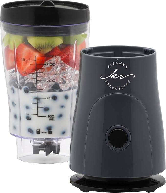 Kitchen Selectives 14-Ounce Mini Blender Color Series - Personal, Portable Blender for Fruit Smoothies & More - With Powerful Stainless Steel Blade & Drink Lid - Dark Gray