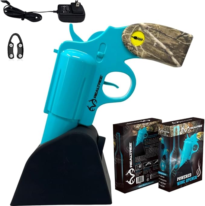 Realtree® Electric Gun Wine Bottle Opener - Open your Wine Bottle Fast with this New Corkscrew - Great Gift for Gun Enthusiasts and Wine Lovers. Foil Cutter and Charging Base Included. (T Blue)