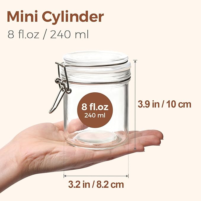 ComSaf 8oz Glass Jars with Airtight Lids (Set of 6), Cylindrical Jelly & Spice Jars for Pantry Organization, 240ml Small Canisters with Wire Clamp for Sourdough Discard, Jam, Honey & More