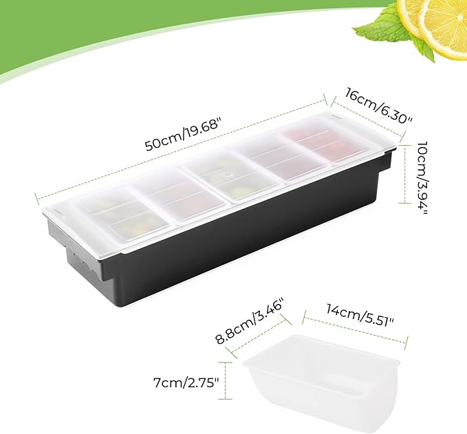 Fruit, Veggie & Condiment Caddy with Lid Dispenser Tray Garnish Station for Bartending & Serving Taco (2, 5 Compartment)