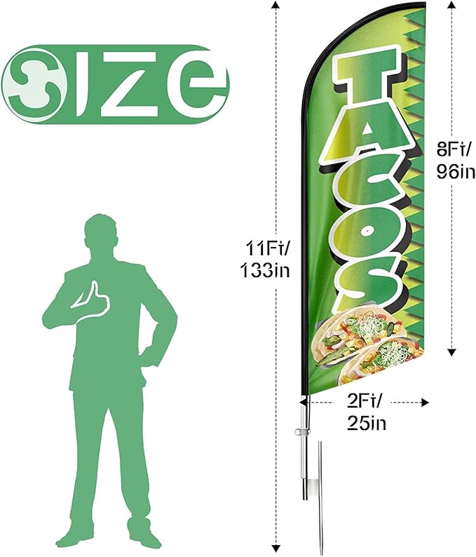 Tacos Swooper Feather Flag with Pole Kit and Ground Stake, 11FT Advertising Banner Sign for Tacos, Burritos and Mexican Food Businesses