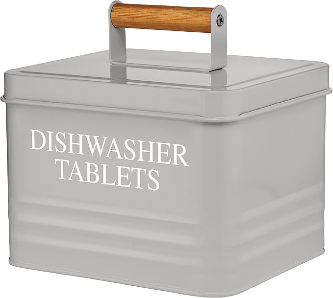 Calindiana Modern Farmhouse Metal Dishwasher Pods Container with Lid for Kitchen Organization and Storage, Kitchen Essentials Decor Accessories, Dishwasher Pods Holder, Grey