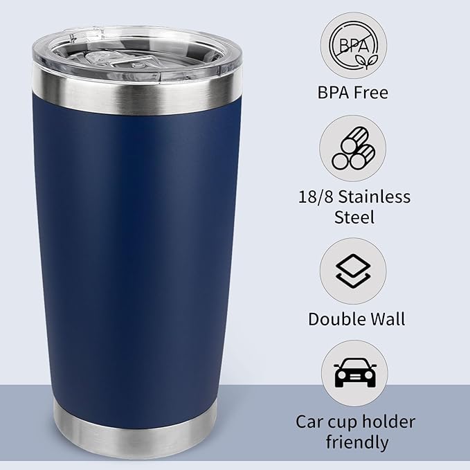 20oz Stainless Steel Tumbler Bulk with Lid, Travel Mug - Double Wall Vacuum Powder Coated Cup - Navy Blue, 12 Pack