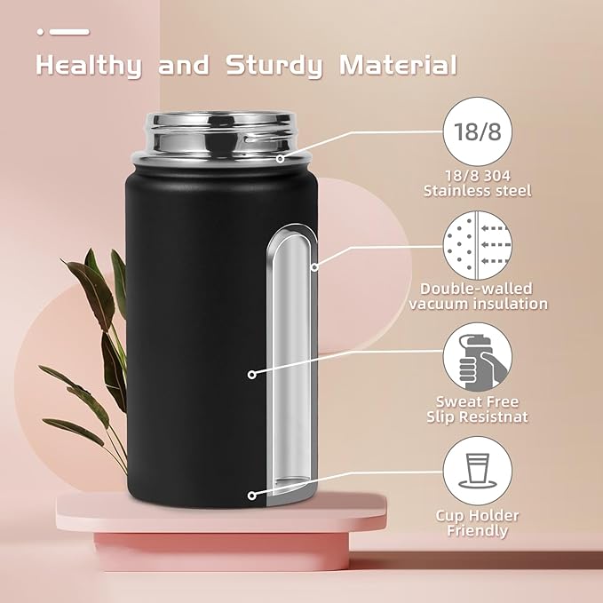 Volhoply 14oz KIds Water Bottle with Straw Lid and Silicone Boot Bulk 2 Pack,Stainless Steel Insulated Cups for Boys & Girls Multipack,Double Wall Vacuum Leakproof Bottles(black,2)