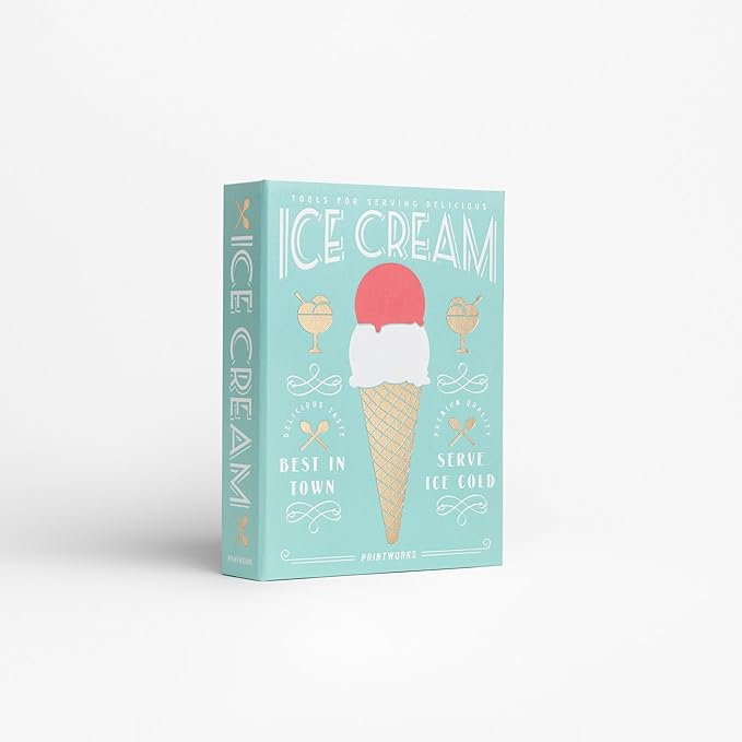 Printworks The Essentials, Ice Cream Tools – Stainless Steel Ice Cream Scoop with Trigger, Cone Shapes and Wooden Sprinkle Scoops, Book-Style Case