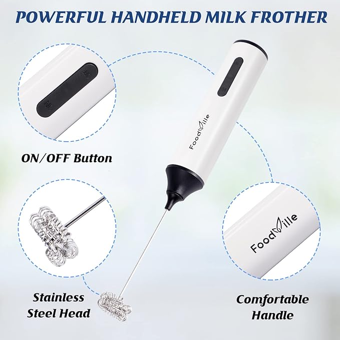 FoodVille MF05 Rechargeable Milk Frother USB Charging Handheld Foam Maker with Stainless Balloon Whisk for Cappuccino, Latte, Bulletproof Coffee, Keto Diet, Protein Powder, Matcha (White)