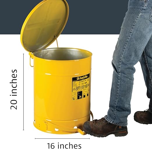 Justrite 14 Gallon Galvanized Steel Oily Waste Can, 20" x 16" Metal Oil Rag Safety Can with Foot Operated Self-Closing Lid for Oil Rag Disposal, Made in The USA, Yellow, 09501