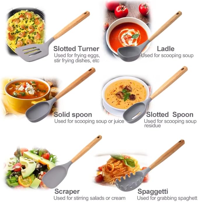 Premium Silicone Kitchen Utensil Set – 7-Piece Cooking Tools with Acacia Wood Handles and Bamboo Holder, Non-Stick, Heat Resistant, BPA-Free, Elegant Kitchen Gift (Grey -7pcs)