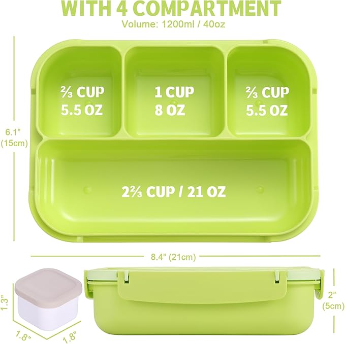 shell and turtle Bento Box Adult Lunch Box, Lunch Containers for Kids Girls Boys with 4 Compartments, Lunchable Food Container with Utensils, Sauce Jar, Muffin Liners, 40 Oz/5 Cup, Bright Green