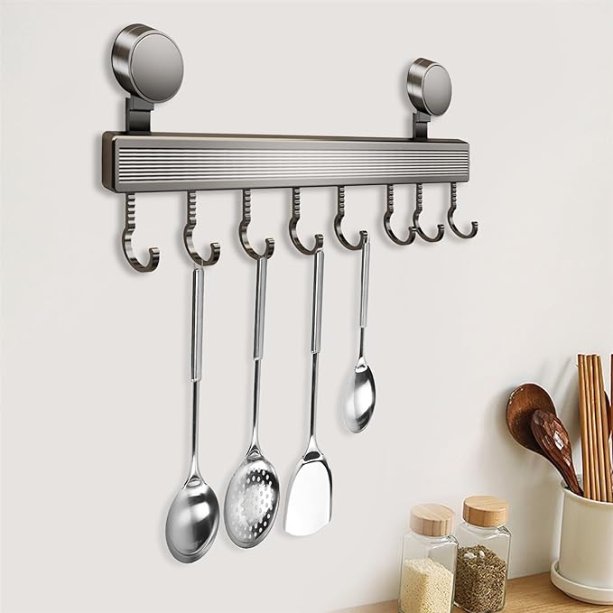 Kitchen Utensil Hooks with Suction Cup, Removable, Aluminum, 40 cm, 8 Hooks, No-Drill, Waterproof, 20 kg Capacity