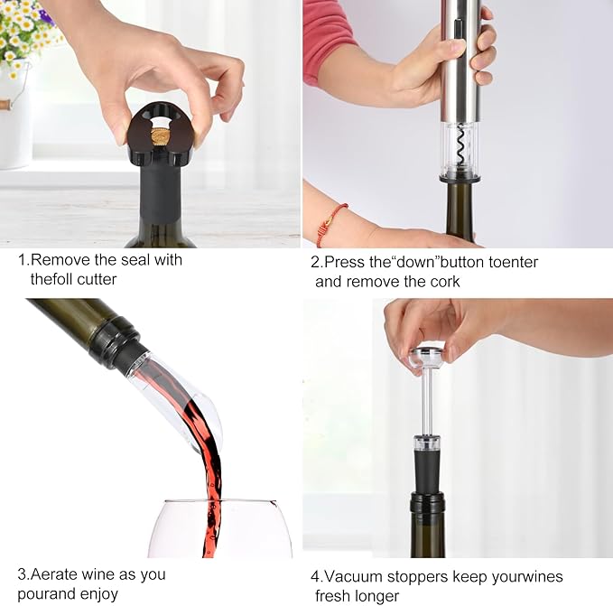 VIDYSUFYR Electric Wine Bottle Opener Set- Silver, Automatic Wine Bottle Opener with Led Light, Rechargeable Corkscrew Kit with Aerator，Foil Cutter，Stoppers