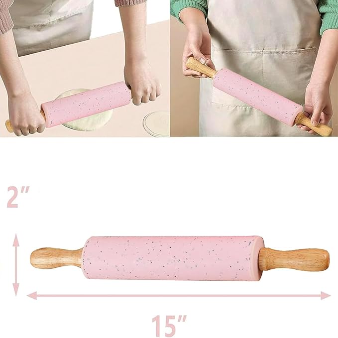 Silicone Rolling Pin for Baking,15Inch Pastry Dough Roller with Wooden Handle,Non Stick Surface Rolling Pin for Dough Cookie Pastry Tapered Dumpling Baking Supplies Kitchen Accessories