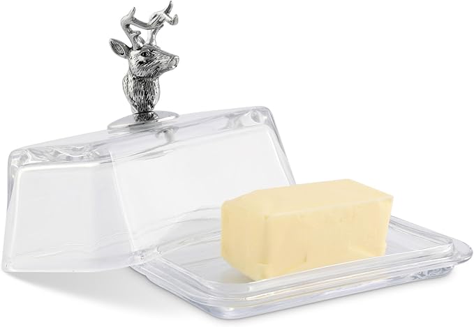 Arthur Court Glass Butter Dish with Lid Elk Head Knob | Classic 2-Piece Design Covered Butter Keeper | Covers and Holds a Standard Stick of Butter | Rustic Cabin Lodge Décor