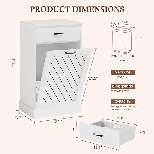 Tilt-Out Trash Can Cabinet, 13 Gallons Hidden Garbage, Hidden Kitchen Trash Cabinet with Storage Drawer, Pet-Proof Wooden Garbage & Recycling Cabinet for Kitchen, Laundry & Living Room, White