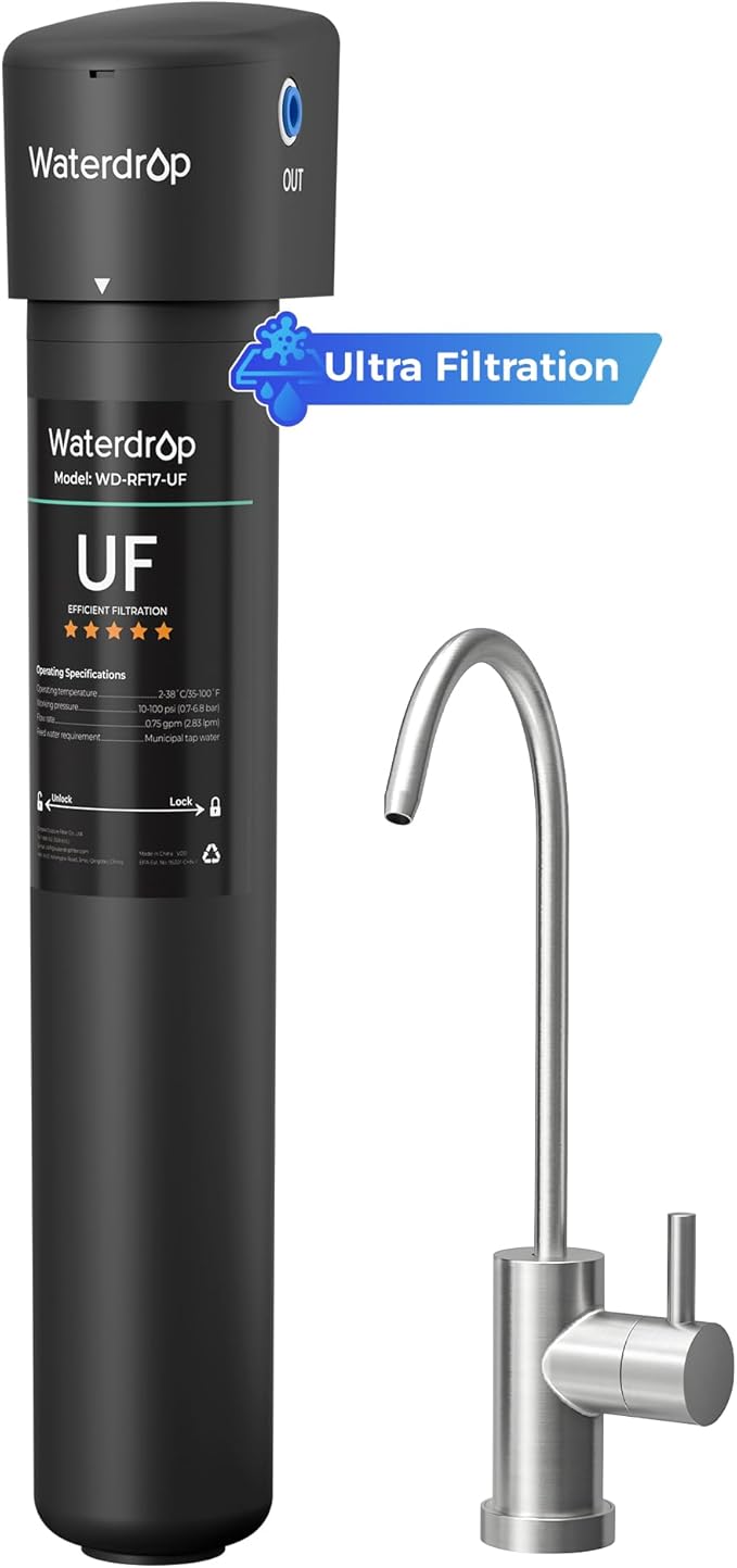 Waterdrop 17UB-UF 0.01 μm Ultra Filtration Under Sink Water Filter System, 3 Years, Reduces Lead, Chlorine, Bad Taste & Odor, with Dedicated Brushed Nickel Faucet