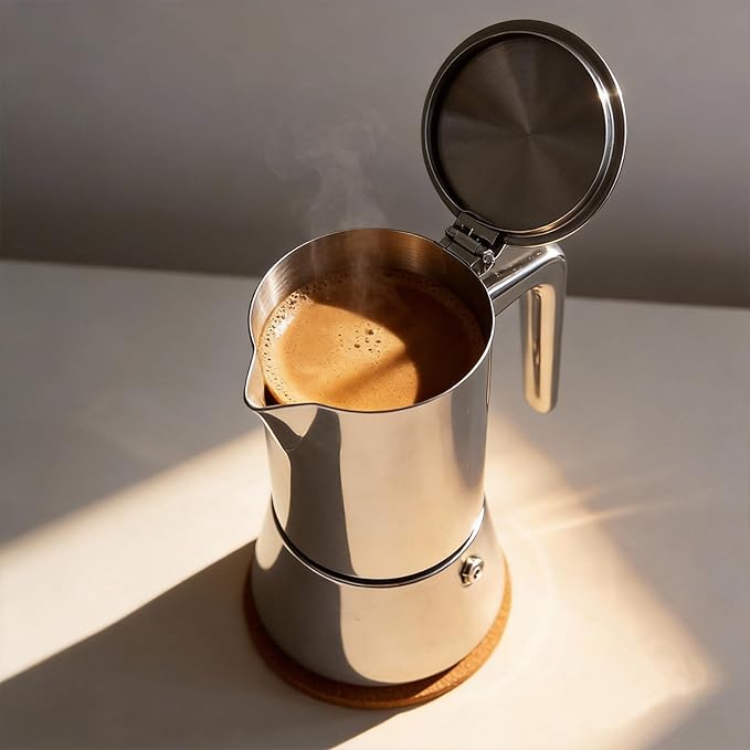 4 Cups Food-Grade Thickened Stainless Steel Moka Pot - Non-Coated Italian Greca Espresso Maker 200ml (6.8oz), Manual Stovetop Coffee Maker with Safety Valve, Suitable for all Types of Hobs