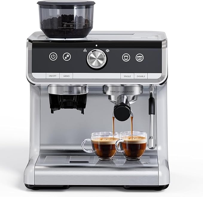 20 Bar Espresso Machine with Grinder, Professional Espresso Coffee Maker with Milk Frother, Brushed Stainless Steel, 1450W 2.8L Water Tank, for Home, Commercial Cappuccino Machines