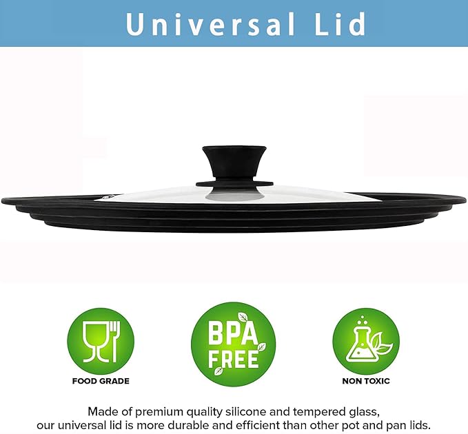 Universal Lid for Pots, Pans and Skillets - Tempered Glass with Heat Resistant Silicone Rim and Heat Resistant Handle Fits 10", 11" and 12" Diameter Cookware, Black