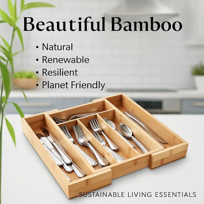 HIC Kitchen Expandable 6-Slot Silverware Cutlery Utensil Storage Tray, Natural Bamboo, Opens to 14-Inches