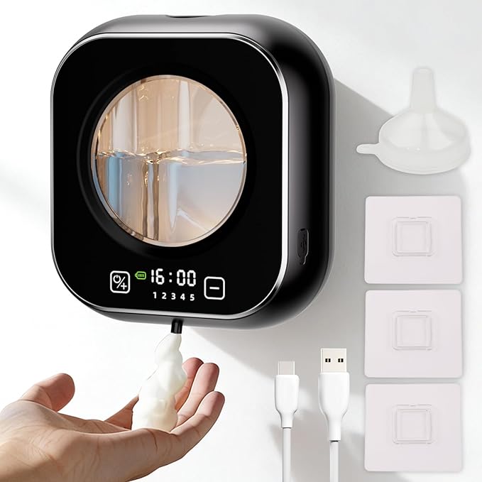 Automatic Soap Dispenser Touchless, Wall Mount Hand Soap Dispenser 10.8oz, LED Clock Electric Sensor Pump with 5 Speed Foam,120-Day Long-Life Battery, IPX5 Waterproof for Kitchen Bathroom Office Hotel