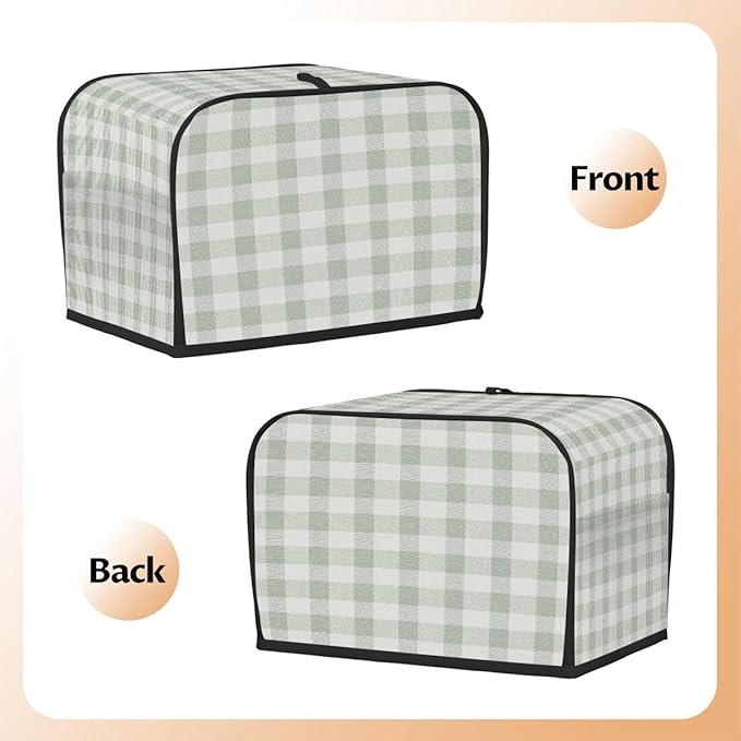 4 Slice Toaster Cover,Spring Light Green Gingham Checkered Plaid Small Kitchen Appliance Bread Machine Cover with Pockets,Dust & Fingerprint Protection