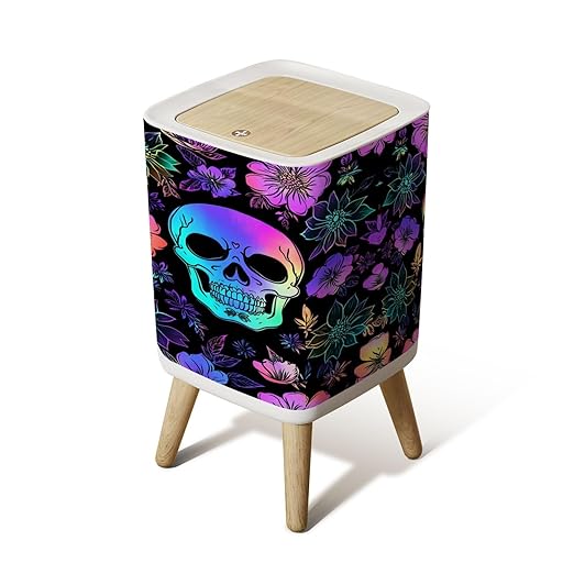Small Trash Can with Lid Seamless Holographic Bright Human Skulls Flowers Wastebasket with Press Cover Dog Proof Garbage Can Waste Bin for Kitchen Bathroom Nursery 2.6 Gallon