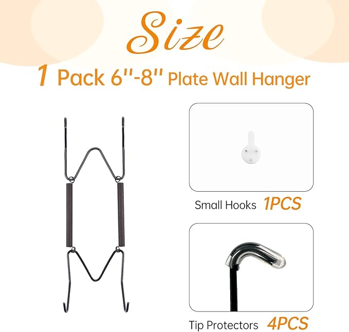 Plate Hangers for The Wall, Suitable for 6-8 inch Decorative Plate, Stainless Steel Wire Plate Holder with Wall Hooks and Rubber tip Protectors, Plate Hangers for Displaying Plates, Platter, Black