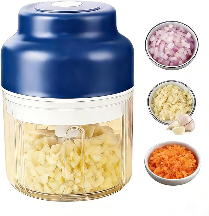 Electric Garlic Chopper Mini, Upgraded Rechargeable Veggie Chopper With Storage and Cover, One-Touch Food Processor with 4 Stainless Steel Blades for Onion Meat Chili Ginger (Blue, 250ml)