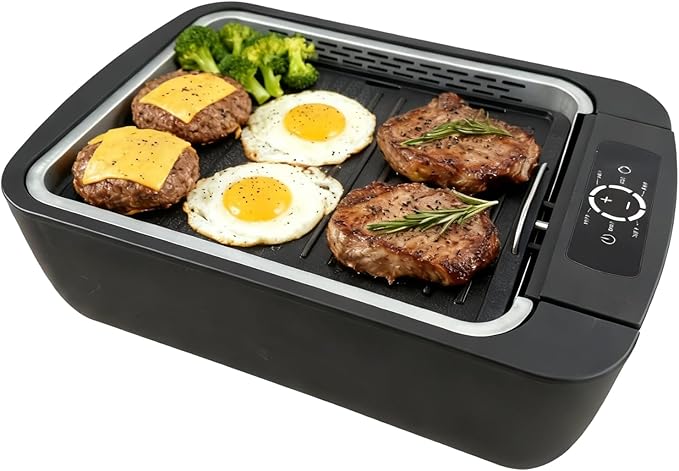 Indoor Smokeless Grill & Griddle, 1100W Electric Gill for BBQ, Smoke Extraction Device, 6-Speed Temperature Control, Non-Stick ‎Grill Plate with Oil Drain Holes, Dishwasher Safe, 5-Serving