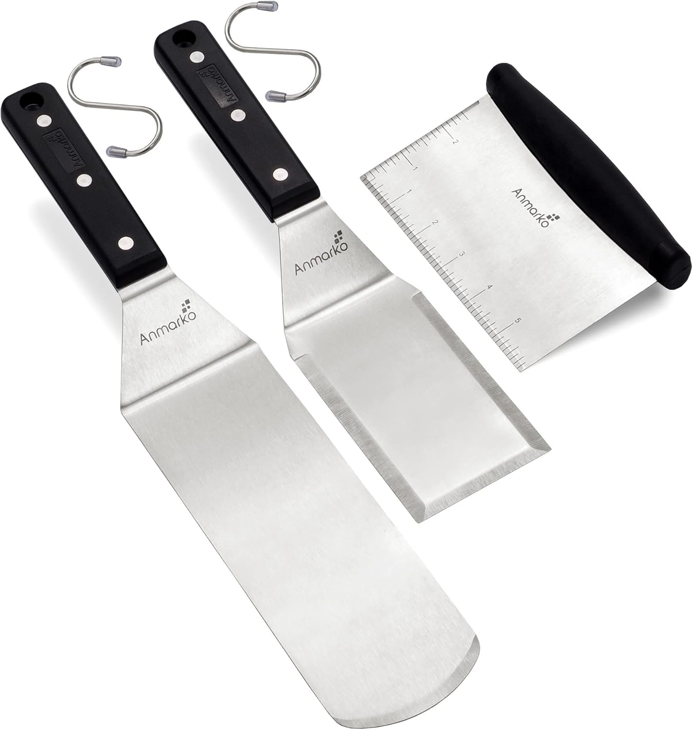 Anmarko Metal Spatula Stainless Steel Scraper - Professional Chef Griddle Spatulas Set of 3 - Heavy Duty Accessories Great for Cast Iron BBQ Flat Top Grill Skillet Pan - Commercial Grade
