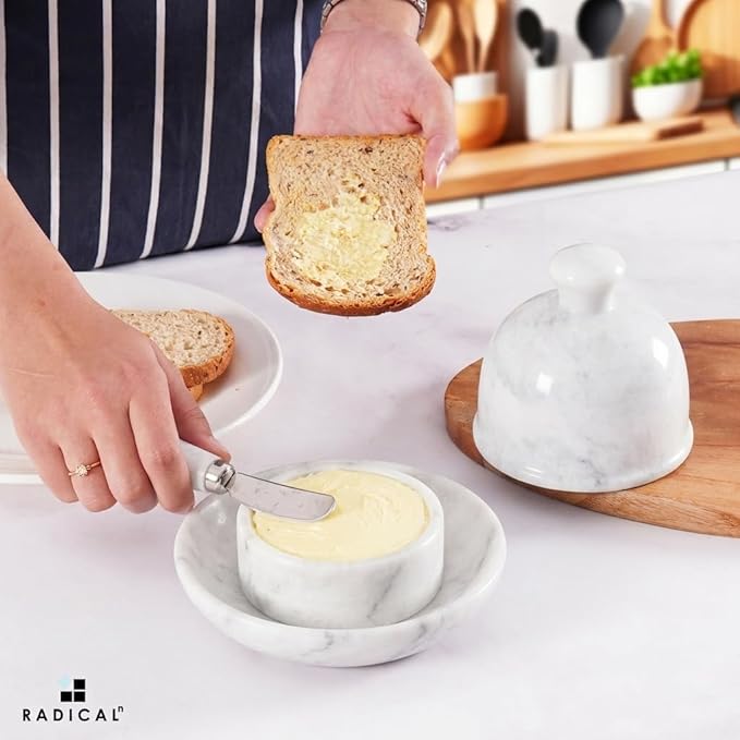 Radicaln Marble Butter Dish With Lid 6" Inches White Handmade Butter Storage Container, Ideal Butter Dish and Butter Crock For Counter With Water