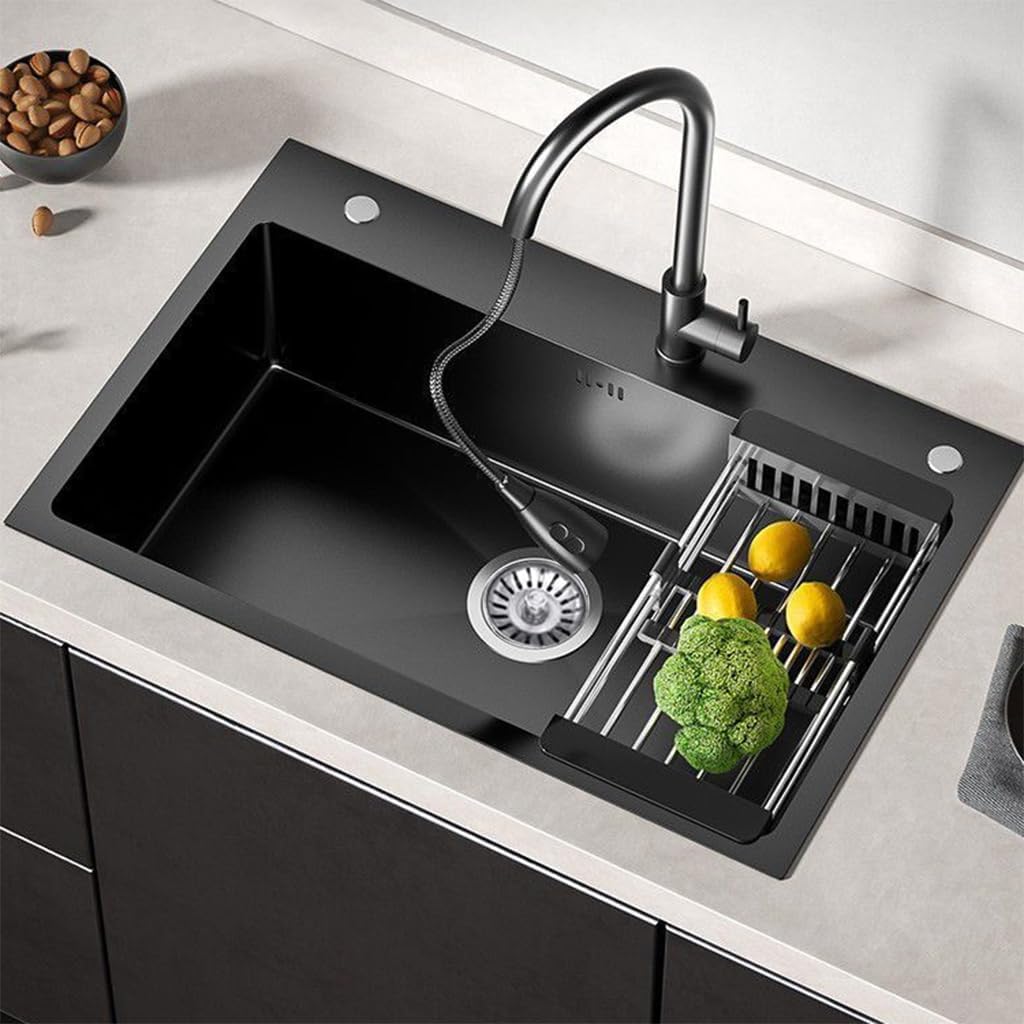 Black Drop in Kitchen Sink, Stainless Steel Single Bowl Sink with 3 Holes, Topmount Workstation Sink, Farmhouse Rectangle Basin with Multiple Accessories (31.5 * 17.7 * 7.9in)