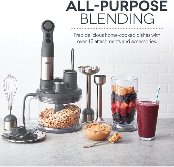 Dash Chef Series Deluxe Immersion Hand Blender, 5 Speed Stick Blender with Stainless Steel Blades, Dough Hooks, Food Processor, Grate, Mash, Slice, Whisk Attachments and Recipe Guide – Cool Grey
