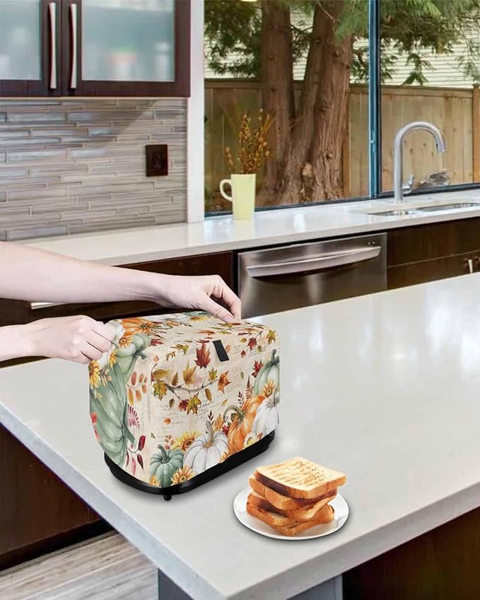 Green White Pumpkins Fall Toaster Cover 4 Slice, Thanksgiving Maple Leaf Dustproof Bakeware Oven Protector with Top Hook, Autumn Waterproof Small Kitchen Appliance Toasters Dust Cover, 12"x11"x8"
