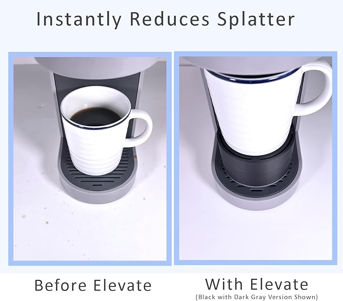 Elevate Anti-Splash Cup Riser Accessory for most Keurig K-cup, Cuisinart Single Serve, and other Coffee Makers, Adjustable for Cup Size and Drip Tray Type (Dark Gray with Black Base)