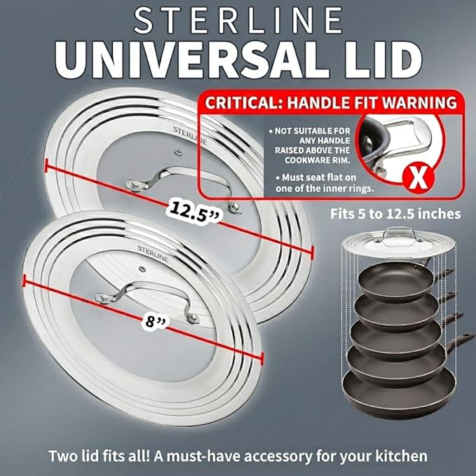 Universal Lids Set with Tempered Glass Top - Fits 5-12 Inch Pots, Pan, and Skillets - Set of 2, Large and Small, Stainless Steel Replacement Pot Lid for Kitchen Organizing, Space Saving
