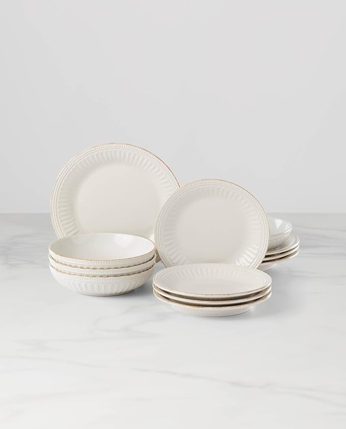 Lenox 891196 French Perle Groove White 12-Piece Pasta Bowl Dinnerware Set, Service For 4