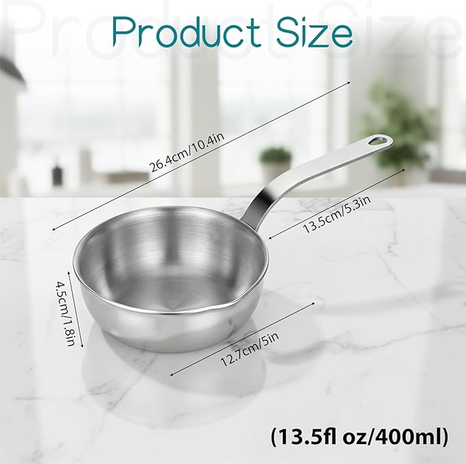 18/10 Stainless Steel Butter Warmer Mini Butter Warmer Milk-Warmer Pot with Pour Spouts Mini Sauce Pan for Milk, Coffee, and Melting Chocolate, 0.5-Quart