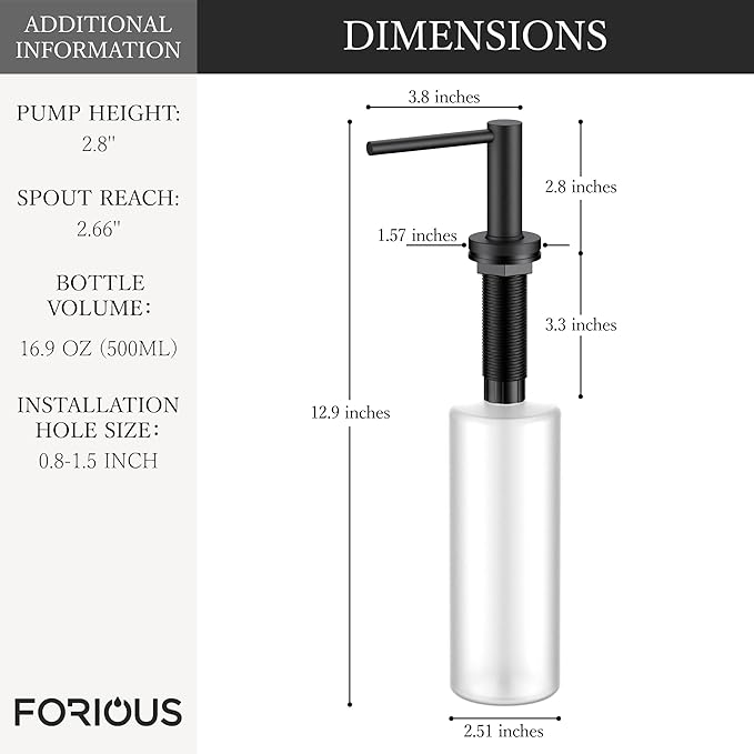 FORIOUS Soap Dispenser for Kitchen Sink, Black Stainless Steel Liquid Dish Soap Dispenser Pump with Top Refill 17oz Soap Bottle, Built in Sink Lotion Dispenser for Kitchen Countertop