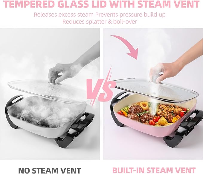12'' Ceramic Nonstick Electric Skillet with Tempered Vented Glass Lid, Scratch-Resistant Surface, Cool-Touch Handles, Removable Easy-to-Clean, 120V 1200W 60Hz, Pink