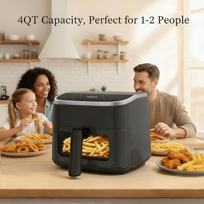 HealSmart 4 Qt Air Fryer with Visible Window, 8-in-1 Digital Airfryer with Interior Light, 1500W, Nonstick Dishwasher-Safe Basket for Fries, Bake, Wings, 60-Min Timer, Black