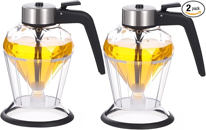 2Pcs Honey Dispenser, 6.7oz/200ml Glass Honey Dispenser No Drip,Beautiful Honeycomb Shaped Honey Jar with Stand, Maple Syrup Dispenser – Honey Pot with Stand – Honey Bottle with Flip Top Lid