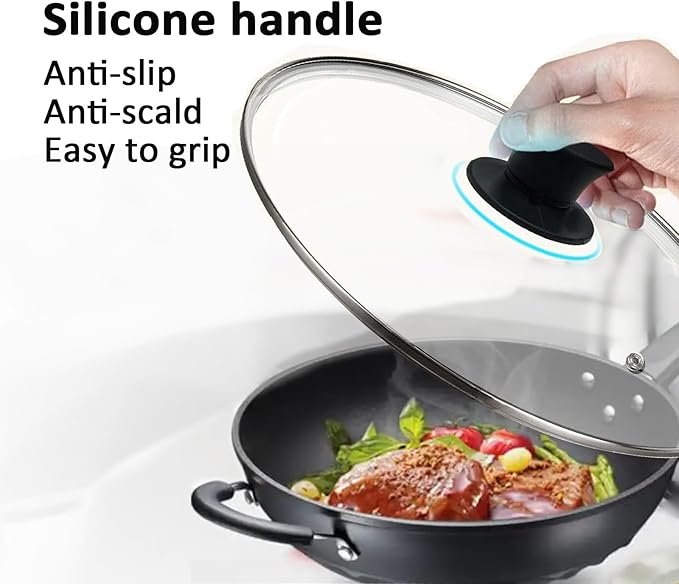 13.5 Inch Glass Lid,Fits Pots With Inner dia 13.2-13.6 Inches, Stainless Steel Lid with Steam Vent, Universal lid for Pots, Pans, Skillets and Woks, Large Covers Replacement of 34cm