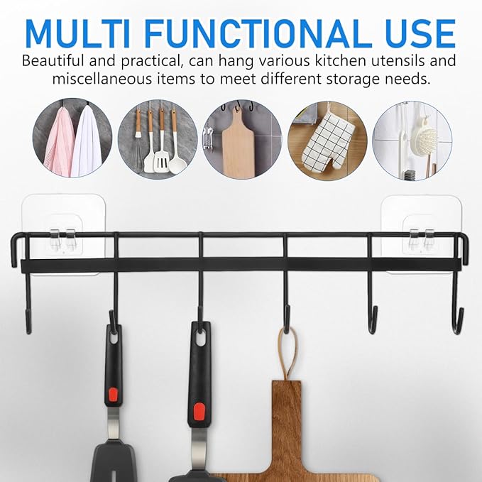 Wall Mounted Kitchen Utensil Rack, No Drilling Iron Hanging Hook for Kitchen Organization, Black, 12.4X2.95In