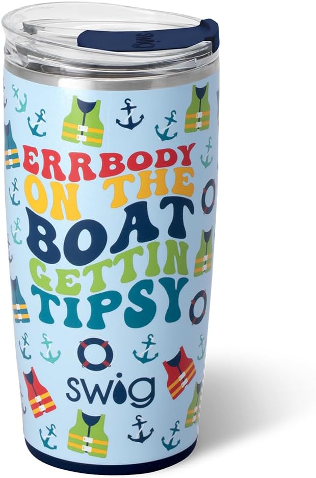 Swig Life 22oz Insulated Tumbler, Travel Coffee Tumbler with Lid, Cup Holder Friendly Travel Coffee Mug, Stainless Steel, 22 oz Tumblers, Reusable Insulated Mug with Lid (Errbody Boat)