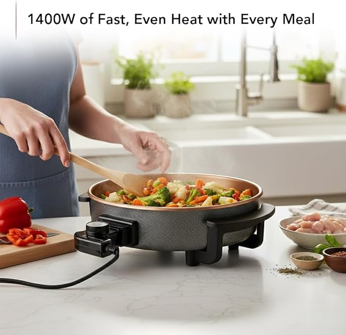 OVENTE 11.5-Inch Electric Skillet & Frying Pan, 1400W Nonstick Cooking Pan with Adjustable Temperature Control, Tempered Glass Lid with Steam Vent, Cool-Touch Handles, Easy-Clean Copper SK11112CO