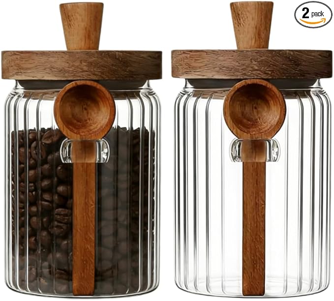 ANSQU Glass Jar with Wooden Lid & Spoon, 20.3oz Food Storage Containers Coffee Jar Coffee Grounds Container, Coffee Canister holds up to 7.4oz Coffee Beans (2 Pack)