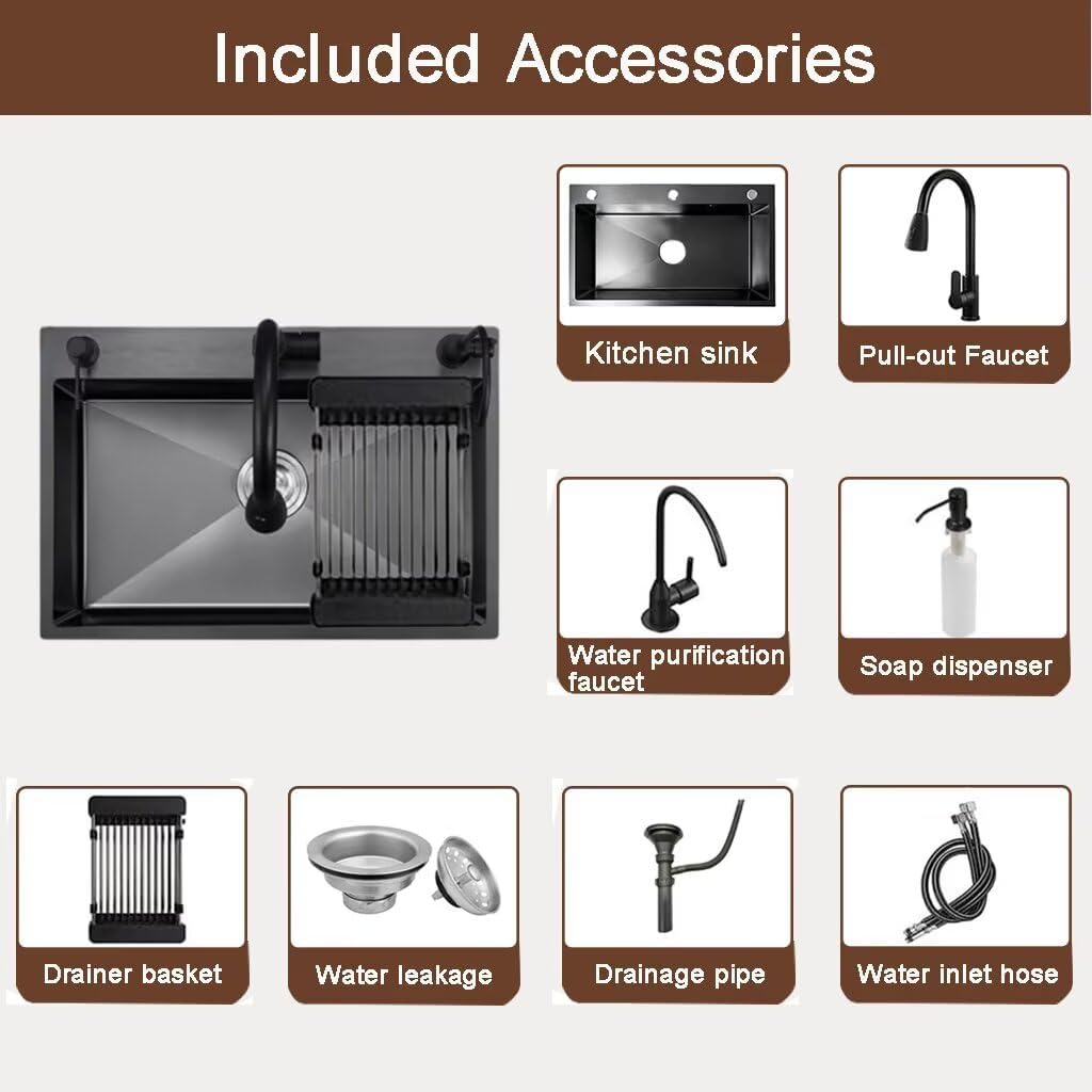 Black Drop in Kitchen Sink, Stainless Steel Single Bowl Sink with 3 Holes, Topmount Workstation Sink, Farmhouse Rectangle Basin with Multiple Accessories (19.7 * 17.7 * 7.9in)