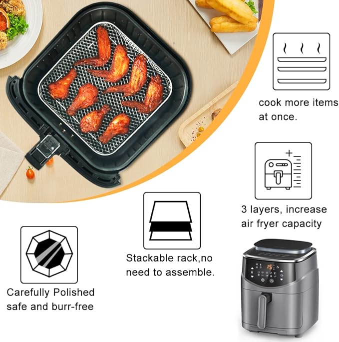 BYKITCHEN 7 Inch Air Fryer Rack Fit for Ninja Crispi/Ninja Pro 5QT/ Cosori 5QT/ Chefman 5-6QT Airfryer &More, Air Fryer Accessories, 3pcs Stackable Stainless Steel Airfryer Basket with Silicon Feet